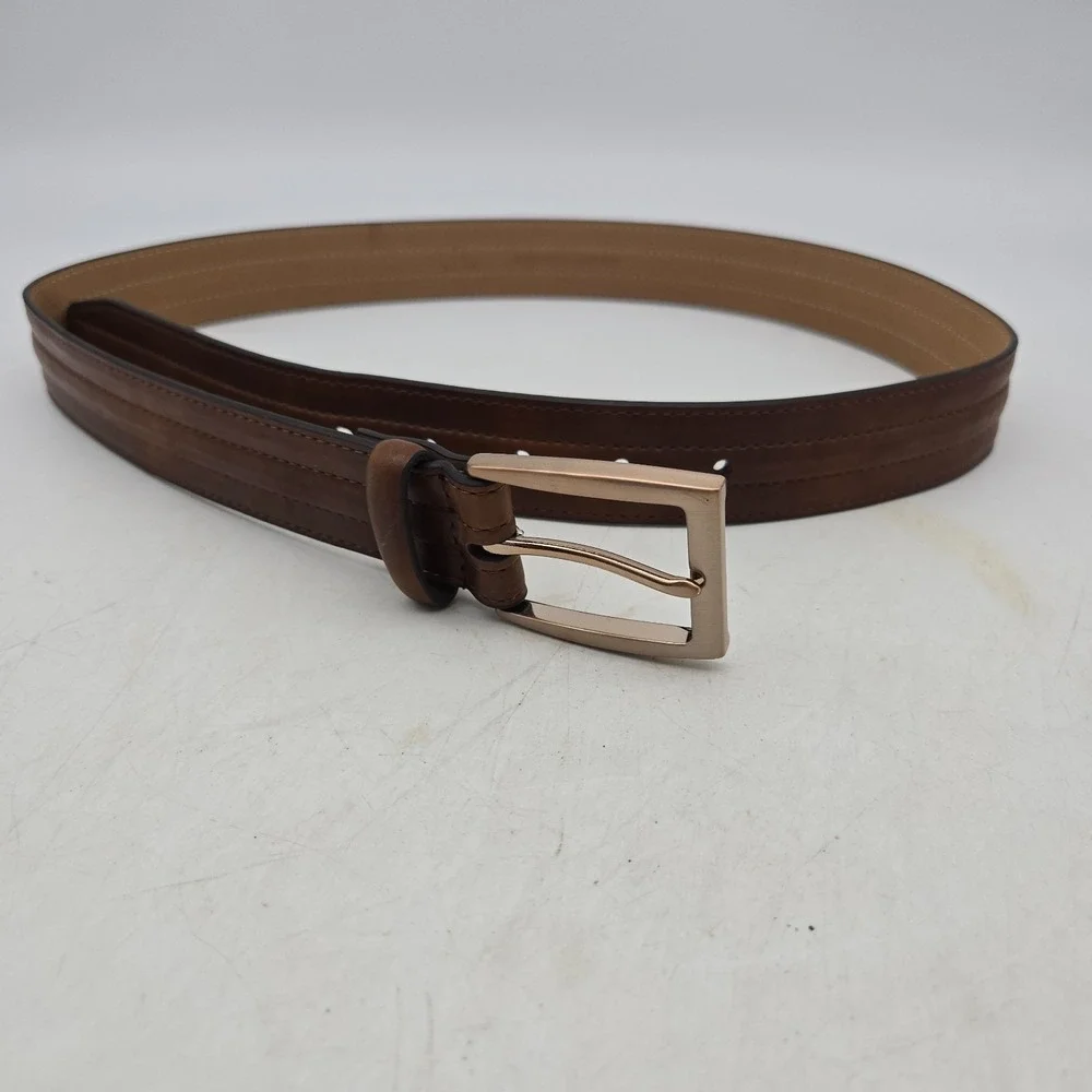 Structure Belt Brown Syn Leather Dress Stitched Mens 36 Copper Tone Buckle NWOT